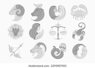 Astrological zodiac signs vector illustration. Horoscope symbols, icons set: aries taurus gemini cancer leo virgo libra scorpio sagittarius capricorn aquarius pisces. Astrology logo, calendar print