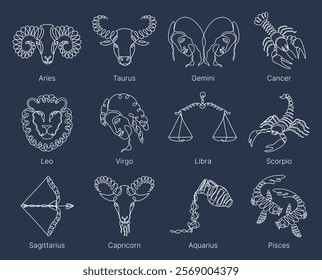 Astrological zodiac signs vector illustration. Line art symbols and icons of esoteric zodiacal horoscope. 