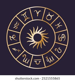 A roda de signos do zodíaco astrológico apresentando o símbolo do sol significativo em seu centro. objetos celestes, astrologia, místico, espaço, predizem o futuro