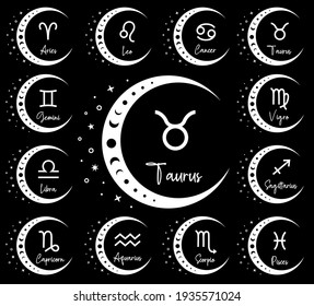 Astrological zodiac symbols. Set of monochrome silhouettes. Vector boho design concept with moon and zodiac signs names. Horoscope icon.