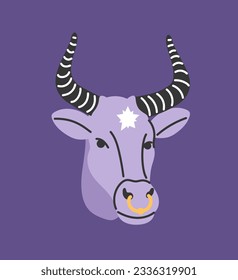 Astrological zodiac Taurus sign concept. Mysticism and esotericism, occultism. Sticker for social networks and messengers. Cartoon flat vector illustration isolated on violet background