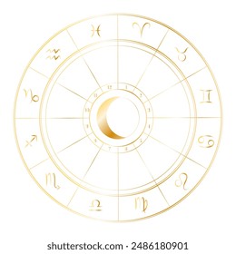 Astrologische Tierkreis-Vektorgrafik goldenes Rad mit Tierkreiszeichen für Horoskop-Vorhersage