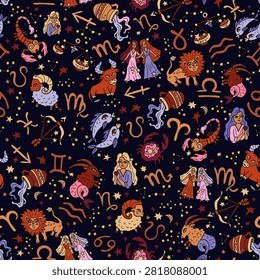 Astrological zodiac vector seamless pattern. Western astrology symbols. Horoscope, fortune telling. Aries, Taurus, Pisces, Virgo, and others.