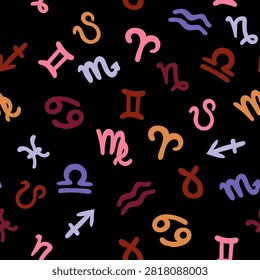 Astrological zodiac vector seamless pattern. Western astrology symbols. Horoscope, fortune telling. Aries, Taurus, Pisces, Virgo, and others.