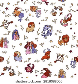 Astrological zodiac vector seamless pattern. Western astrology symbols. Horoscope, fortune telling. Aries, Taurus, Pisces, Virgo, and others.