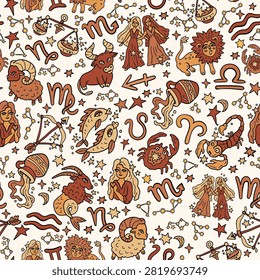 Astrological zodiac vector seamless pattern. Western astrology symbols. Horoscope, fortune telling. Aries, Taurus, Pisces, Virgo, and others.