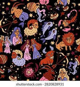 Astrological zodiac vector seamless pattern. Western astrology symbols. Horoscope, fortune telling. Aries, Taurus, Pisces, Virgo, and others.