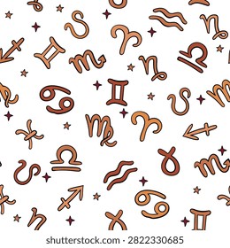 Astrological zodiac vector seamless pattern. Western astrology symbols. Horoscope, fortune telling. Aries, Taurus, Pisces, Virgo, and others.