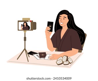 Astrologist or Tarologist Woman recording video for media.Witchcraft, magic Fortune-telling Ritual on Tarot Cards.Witch making tarot spread.Esoterics elements.Cards,symbols,talisman occultism Vector