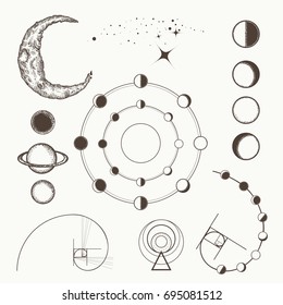 Astrology and alchemy, symbols and signs of astrology, lunar phases, esoteric planets, moon, golden ratio. Sacral geometry hand drawn medieval elements collection 