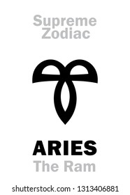 Astrology Alphabet: ARIES (The Ram), constellation Aries. 
Sign of Supreme Zodiac (Internal circle). Hieroglyphic character (persian symbol).