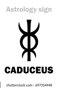 Astrology Alphabet: CADUCEUS of Mercury (or Hermes, or Apollo, or Aesculapius). Hieroglyphic character sign/symbol (unity of two opposites).