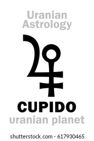 Astrology Alphabet: CUPIDO (Amur), Uranian planet (trans-neptunian point). 
Hieroglyphics character sign (single symbol).