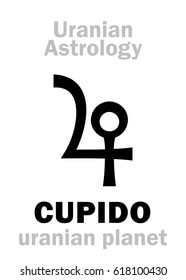 Astrology Alphabet: CUPIDO, Uranian planet (trans-neptunian point). 
Hieroglyphics character sign (single symbol).