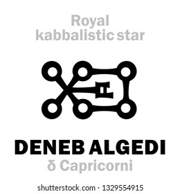 Astrology Alphabet: DENEB ALGEDI (δ Capricorni), «Cauda Capricorni» (The Tail of the Goatfish), arab.name: Scheddi. 
Hieroglyphic sign (kabbalistic symbol by Cornelius Agrippa «Occult Philosophy»).