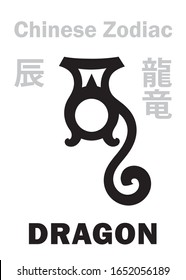 Astrology Alphabet: DRAGON [龍] sign of Chinese Zodiac. Also: Azure Green Dragon (Qing Long), Legendary benevolent beast, Guardian of The East, The King of All Animals. Chinese character/hieroglyph.