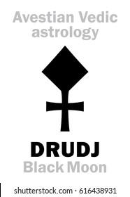 Astrology Alphabet: DRUDJ (Black Moon), Avestian vedic astral moon. 
Hieroglyphics character sign (single symbol).