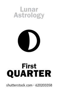 Astrology Alphabet: First QUARTER of MOON (Lunar phase). 
Hieroglyphics character sign (single symbol).