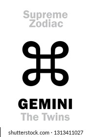 Astrology Alphabet: GEMINI (The Twins), constellation Gemini (oth.name: Dioscuri). 
Sign of Supreme Zodiac (Internal circle). Hieroglyphic character (persian symbol).