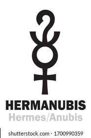 Astrology Alphabet: HERMANUBIS (Hermes + Anubis), the Greek-Egyptian syncretic deity of Truth, the conductor of souls to The Underworld. Hieroglyphic character sign (original symbol).