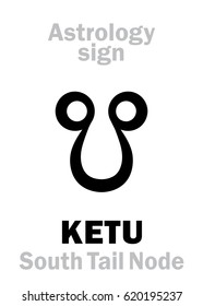 Astrology Alphabet: KETU (Cauda Draconis), Lunar Descending South Tail Node (Catabibazon). 
Hieroglyphics character sign (Vedic symbol).