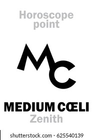 Astrology Alphabet: MEDIUM CŒLI (Zenith), Middle of The Sky (Midheaven), point of Horoscope. 
Hieroglyphics character sign (single symbol).