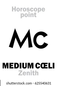 Astrology Alphabet: MEDIUM CŒLI (Zenith), Middle of The Sky, uppermost point of Horoscope. 
Hieroglyphics character sign (single symbol).