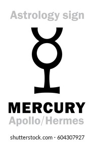 Astrology Alphabet: MERCURY (Apollo-Hermes), the planetary star (planet-homodrome). 
Hieroglyphics character sign (ancient greek symbol).