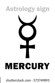 Astrology Alphabet: MERCURY (Caduceus), classic minor mental planet. 
Hieroglyphics character sign (single symbol).