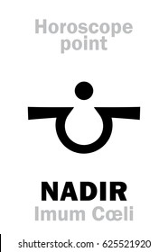 Astrology Alphabet: NADIR (Imum Cœli), time and point in Astrological chart. 
Hieroglyphics character sign (single symbol).