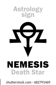 Astrology Alphabet: NEMESIS (Death Star), 
hypothetical super-distant sinister star-satellite of Sun. 
Hieroglyphics character sign (single symbol).