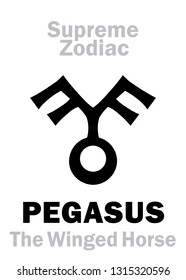 Astrology Alphabet: PEGASUS «Volucer Equus» (The Winged Horse), constellation Pegasus. 
Sign of Supreme Zodiac (External circle). Hieroglyphic character (persian symbol).