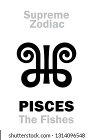 Astrology Alphabet: PISCES (The Fish / The Fishes), constellation Pisces. 
Sign of Supreme Zodiac (Internal circle). Hieroglyphic character (persian symbol).