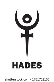 Astrology Alphabet: PLUTO (Hades), dwarf planet / planetoid. Astrological character, mystic hieroglyphic sign, modern modified symbol (meaning cap of invisibility and bident, or the staff of Hades).