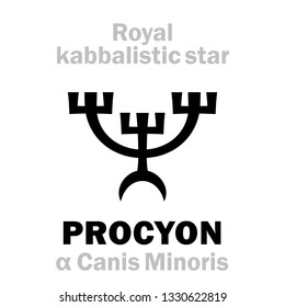 Astrology Alphabet: PROCYON (α Canis Minoris / Antecanis), «Canis Minor» (The Throat of the Little Dog), arab.: Algomeysa. 
Hieroglyphic sign (kabbalistic symbol by Agrippa «Occult Philosophy», 1533).