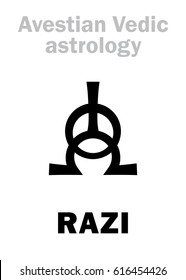 Astrology Alphabet: RAZI, Avestian vedic astral female planet. 
Hieroglyphics character sign (single symbol).