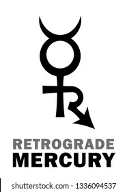 Astrology Alphabet: Retrograde MERCURY, Reverse direction motion of this planet ☿ᴿ («Little Devil»). 
Hieroglyphics character sign (original combination symbol).