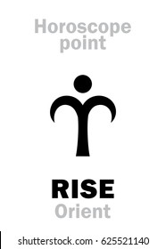 Astrology Alphabet: RISE (Orient), time and point in Astrological chart. 
Hieroglyphics character sign (single symbol).