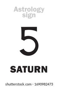 Astrology Alphabet: SATURN, 5th classic major planet. Hieroglyphic character sign (variation of medieval symbol from kabbalistic books).