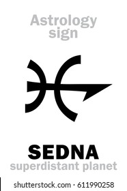 Astrology Alphabet: SEDNA, superdistant external dwarf planet (with elongated elliptical orbit). 
Hieroglyphics character sign (original single symbol).