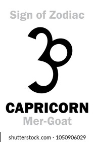 Astrology Alphabet: Sign of Zodiac CAPRICORN (The Mer-Goat). 
Hieroglyphics character sign (medieval holland symbol, 1557).