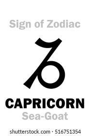Astrology Alphabet: Sign of Zodiac CAPRICORN (The Mer-Goat). 
Hieroglyphics character sign (single symbol).