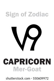 Astrology Alphabet: Sign of Zodiac CAPRICORN (The Mer-Goat). 
Hieroglyphics character sign (single symbol).
