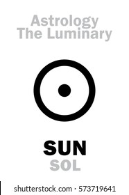 Astrology Alphabet: SUN (SOL), The Luminary. 
Hieroglyphics character sign (single symbol).