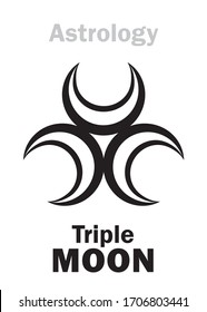 Astrology Alphabet: Triple MOON. Mystical symbol of Three-faced Goddess of The Moon. Emblem of Lunar Magic, Sorcery and Wizardry. Astrological character, hieroglyphic sign, mystical symbol.