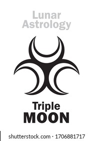 Astrology Alphabet: Triple MOON. Mystical symbol of Three-faced Goddess of The Moon. Emblem of Lunar Magic, Sorcery and Wizardry. Astrological character, hieroglyphic sign, mystical symbol.