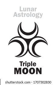 Astrology Alphabet: Triple MOON. Mystical symbol of Three-faced Goddess of The Moon. Emblem of Lunar Magic, Sorcery and Wizardry. Astrological character, hieroglyphic sign, mystical symbol.