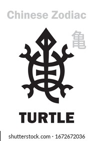 Astrology Alphabet: TURTLE / TORTOISE [亀] sign of Chinese Zodiac. Also: Black Tortoise («The Dark Warrior»), One of four Legendary auspicious beasts, Guardian of The North, supporting of The Earth.