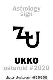 Astrology Alphabet: UKKO, asteroid #2020. Ukko («grandfather») — the god of the sky, weather, harvest and thunder in Estonian and Finnish mythology. Hieroglyphic character sign/symbol.