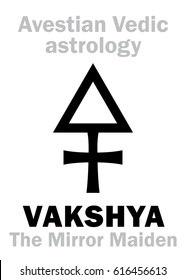 Astrology Alphabet: VAKSHYA (Bacchus, or The Mirror Maiden), Avestian vedic astral planet. 
Hieroglyphics character sign (single symbol).